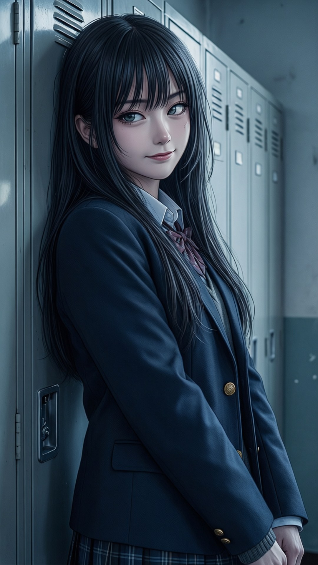 Anime skolflicka i uniform lutar sig mot skåp i korridor