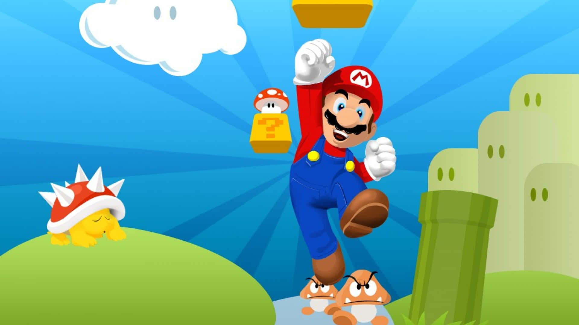Cool Mario strikes a pose in this iconic video game scene. Wallpaper