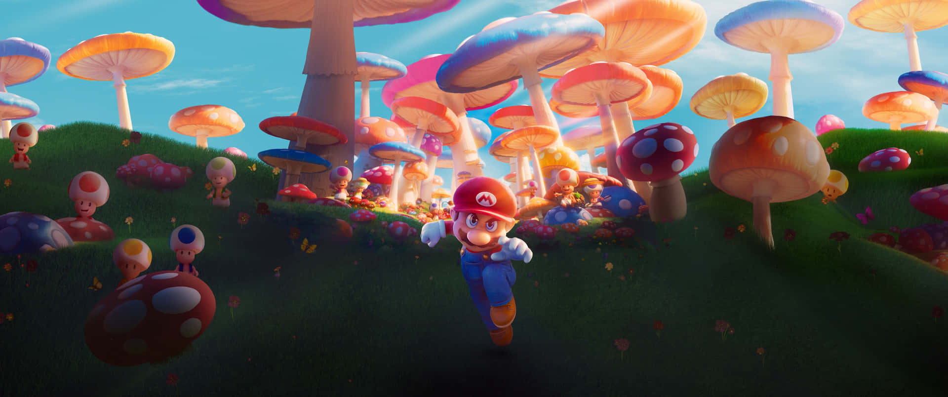 Mario And Mushrooms In A Field Wallpaper