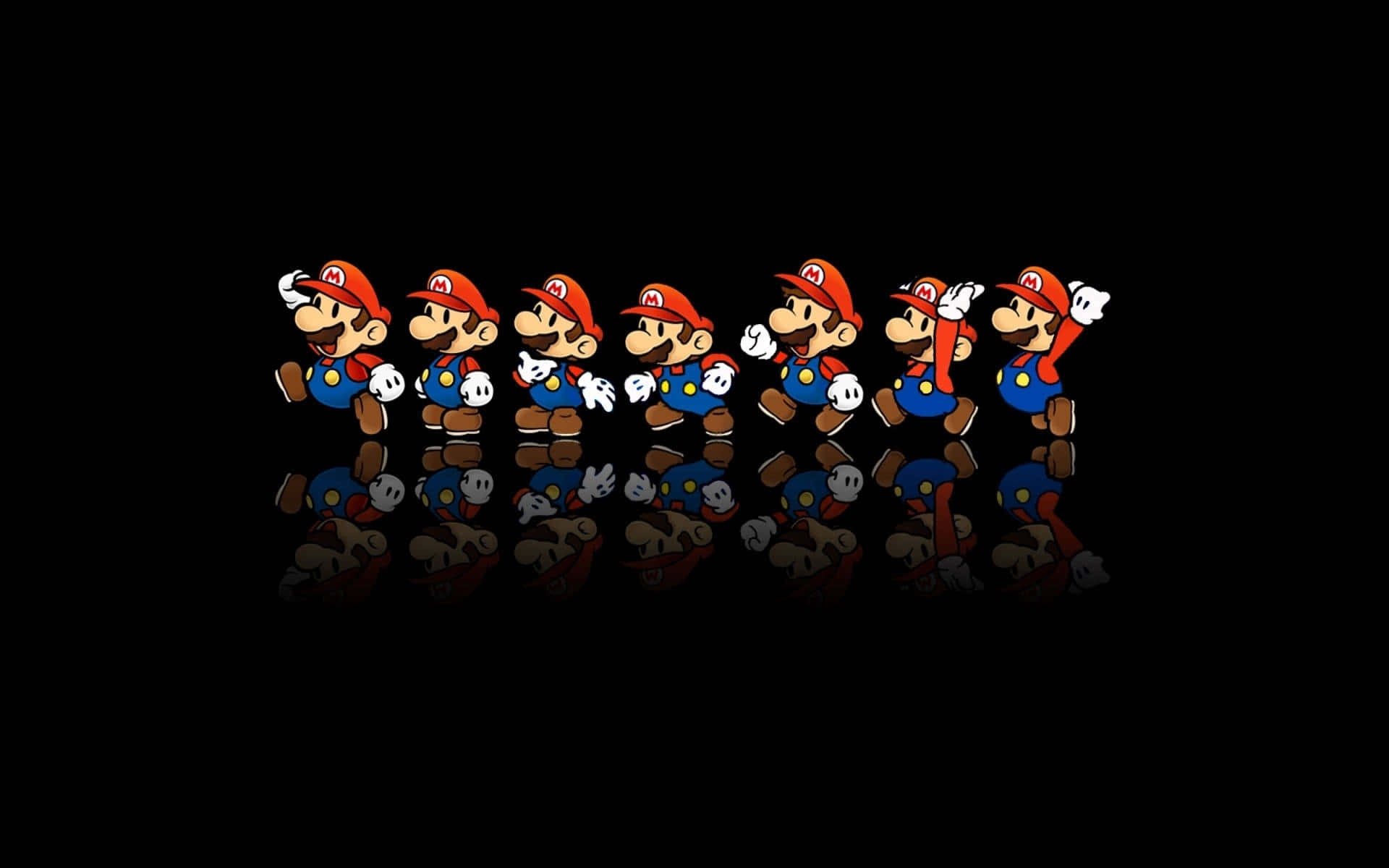 En gruppe af Nintendo Mario-karakterer står i en række. Wallpaper