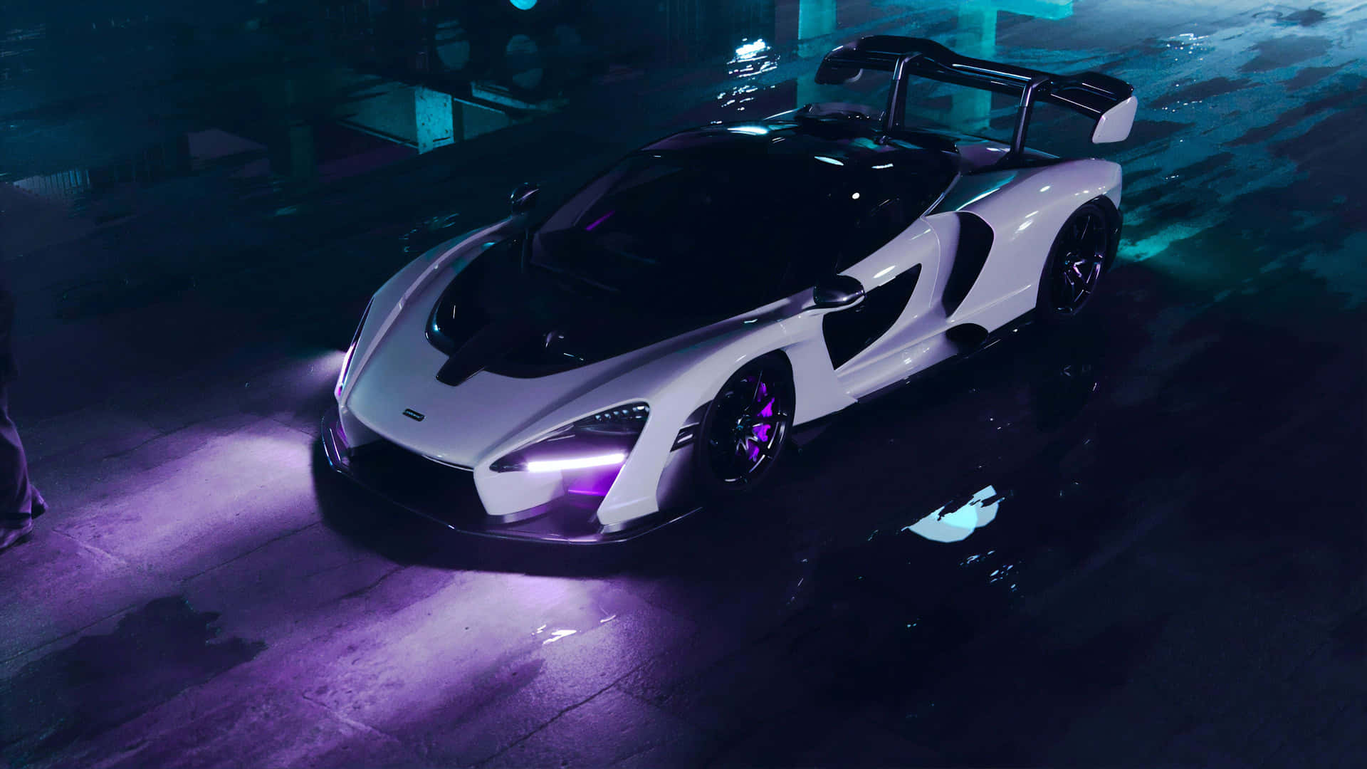 A White And Purple Sports Car Is Parked In A Dark Parking Lot Wallpaper