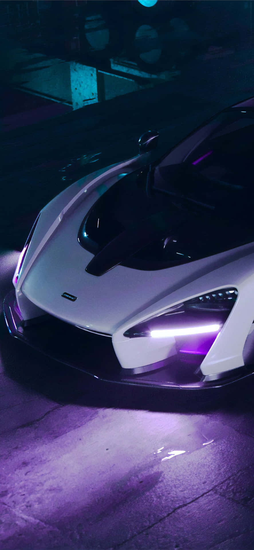 A White Car With Purple Lights In The Background Wallpaper