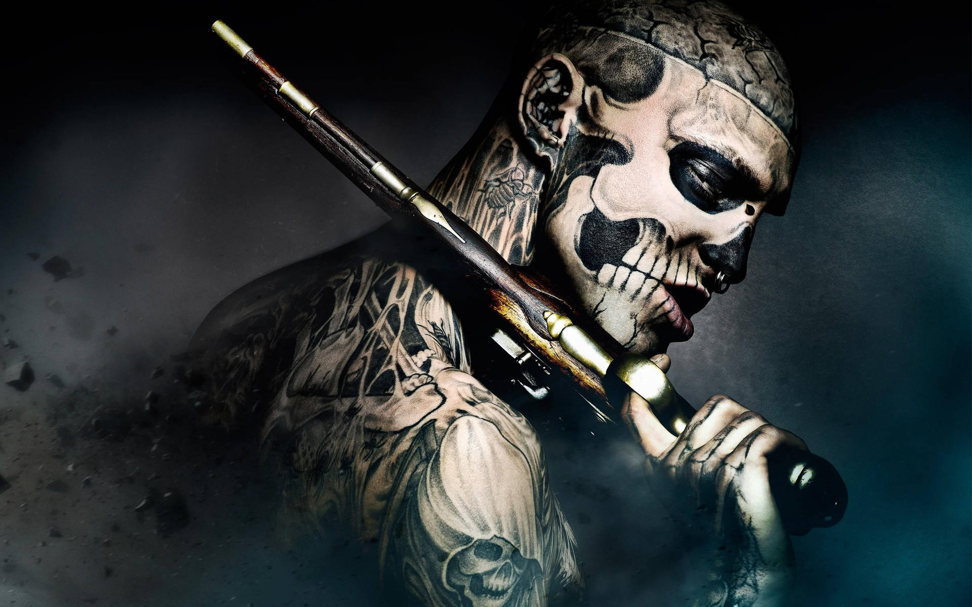 Cool Men Gun And Skeleton Tattoos Wallpaper
