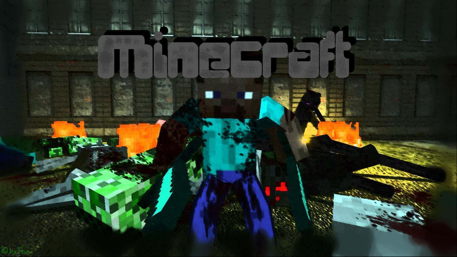 Minecraftein Mann Mit Einem Schwert Und Einem Zombie.