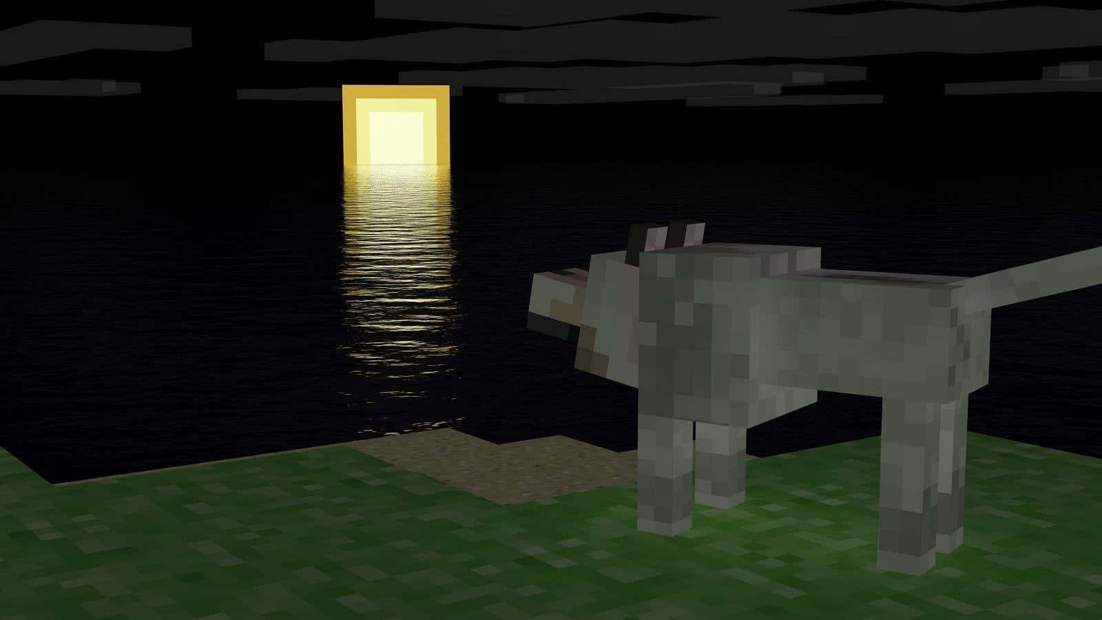 a dog standing in the water near a light