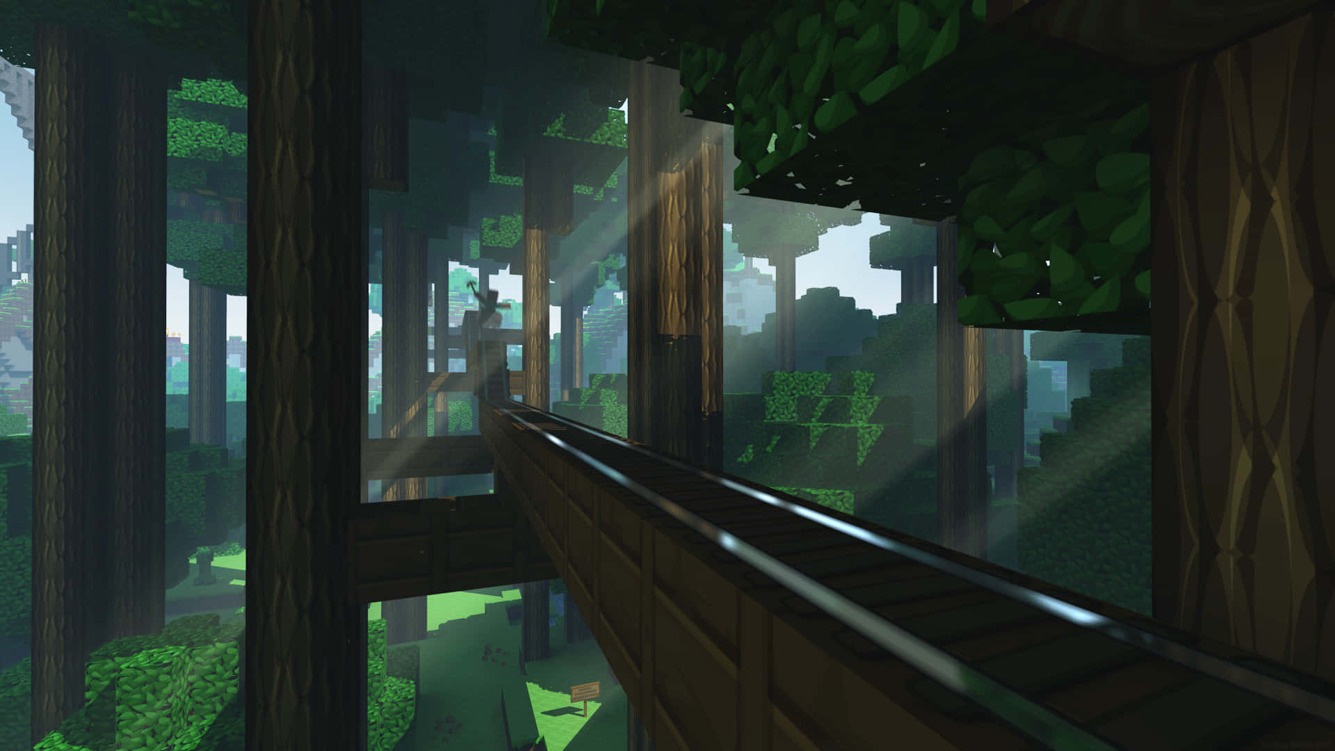 A Screenshot Of A Minecraft Game With A Train In The Forest
