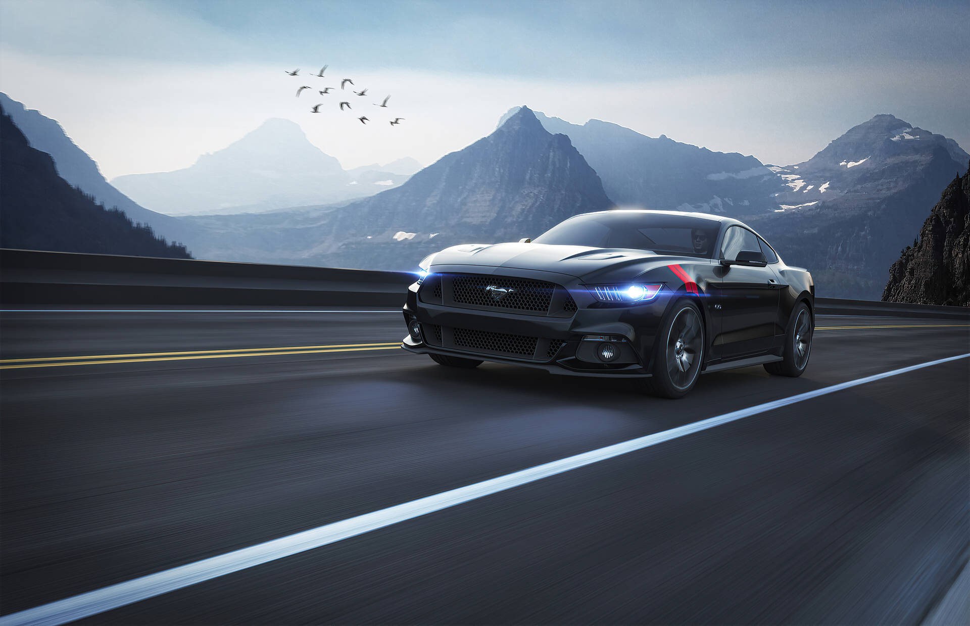 Ford Mustang GT kører ned ad vejen. Wallpaper