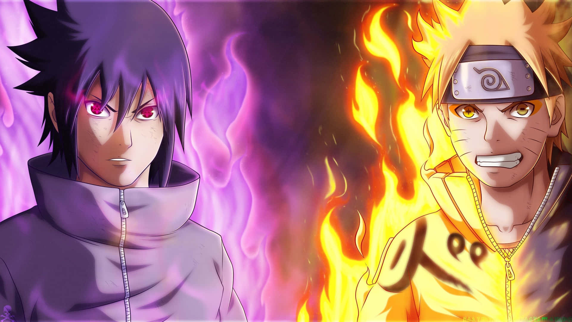 Køl Naruto Desktop Naruto Og Sasuke Med Flammer Wallpaper