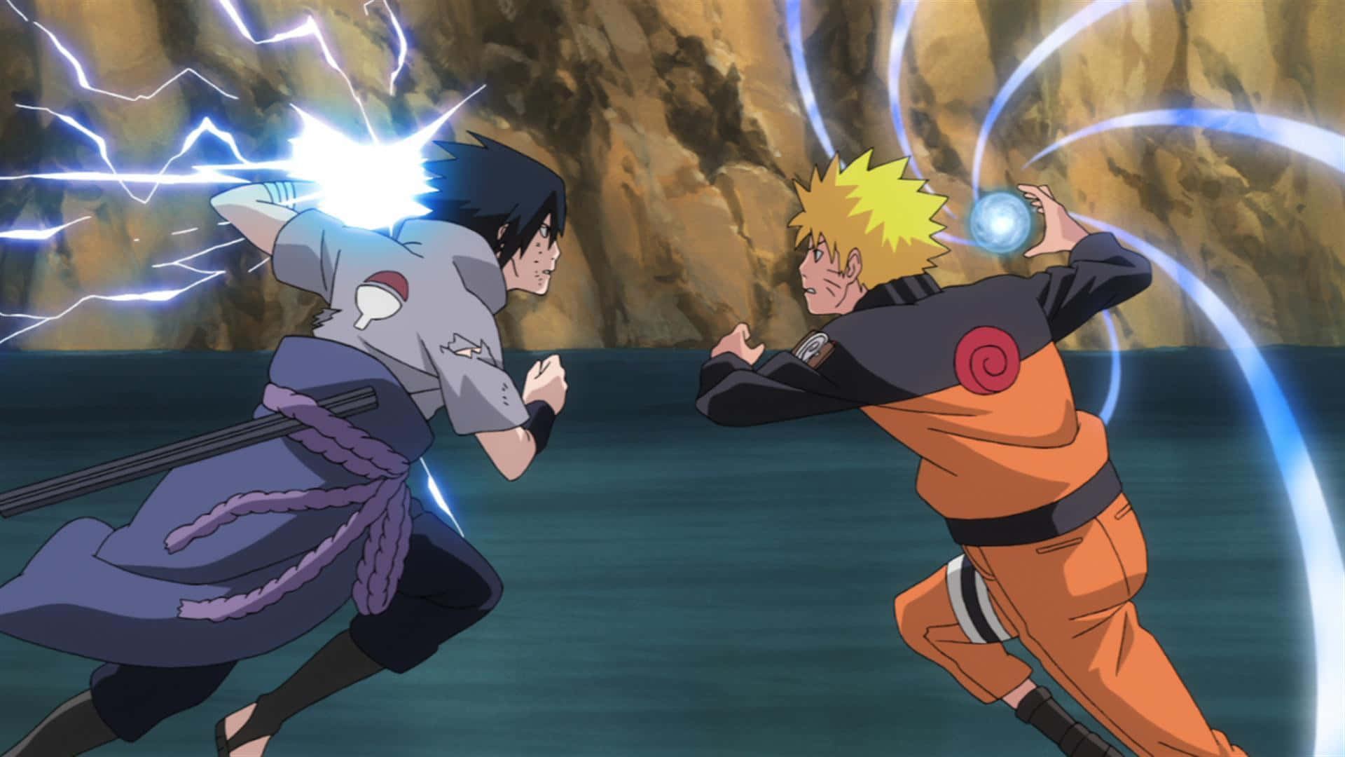 Cool Naruto Desktop Fight Sasuke In River Wallpaper