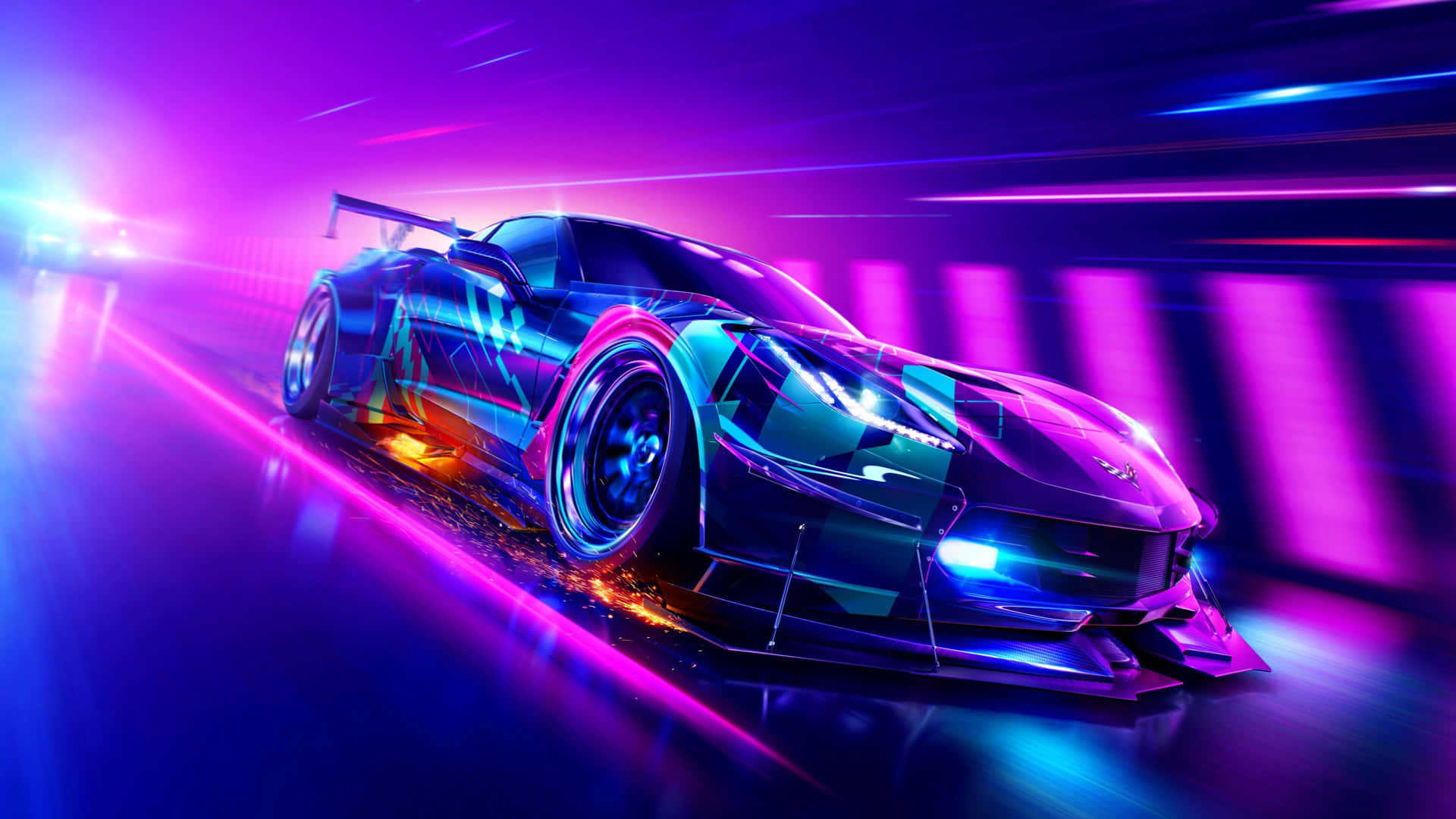 Kølig Neon-bil Corvette Need For Speed Muskuløs Spil Scene. Wallpaper