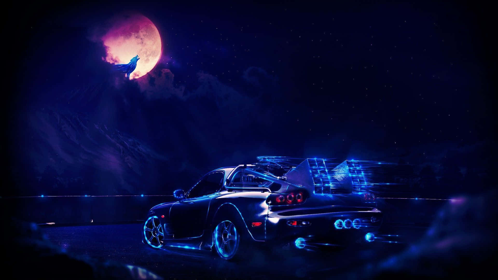 En bil er i nattehimlen med en måne. Wallpaper