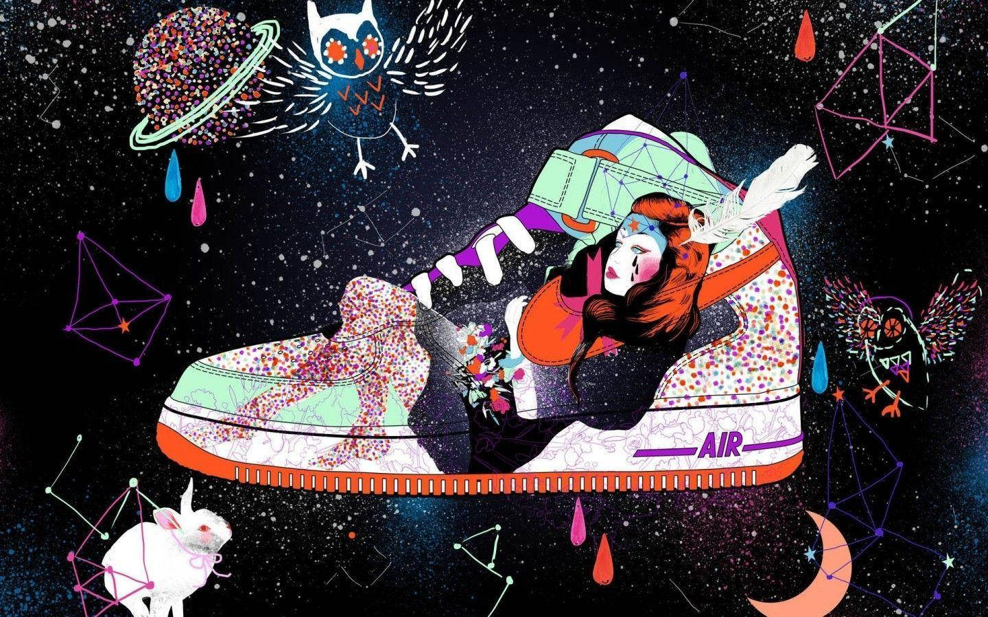 Et farverigt billede af en sneaker med en kat og stjerner på det. Wallpaper