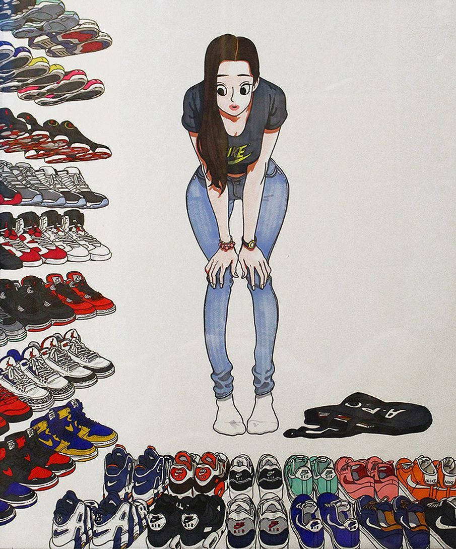 En pige står foran en masse sko. Wallpaper