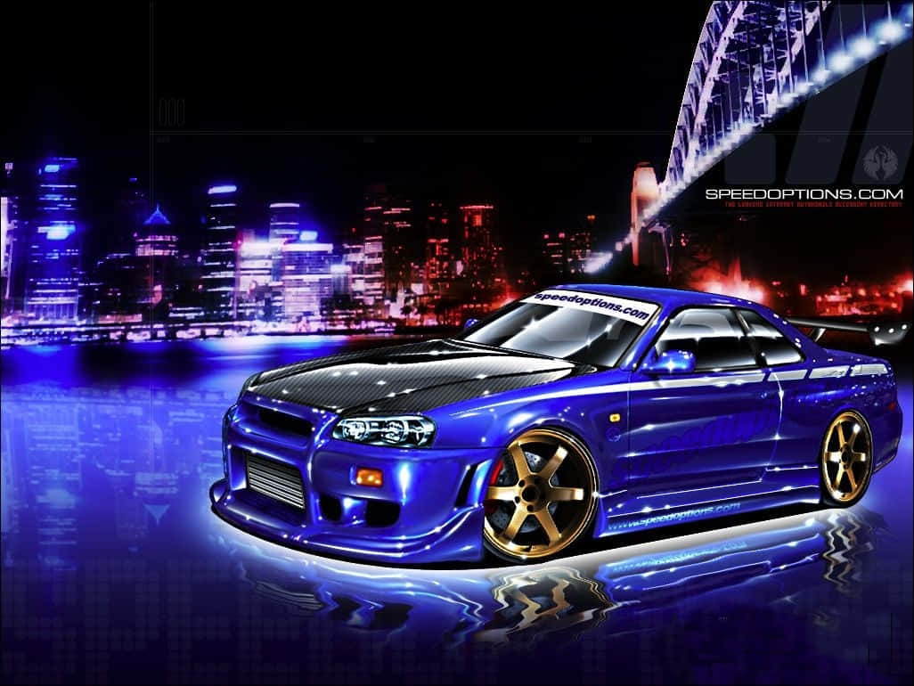 A Blue Car With A City In The Background Wallpaper