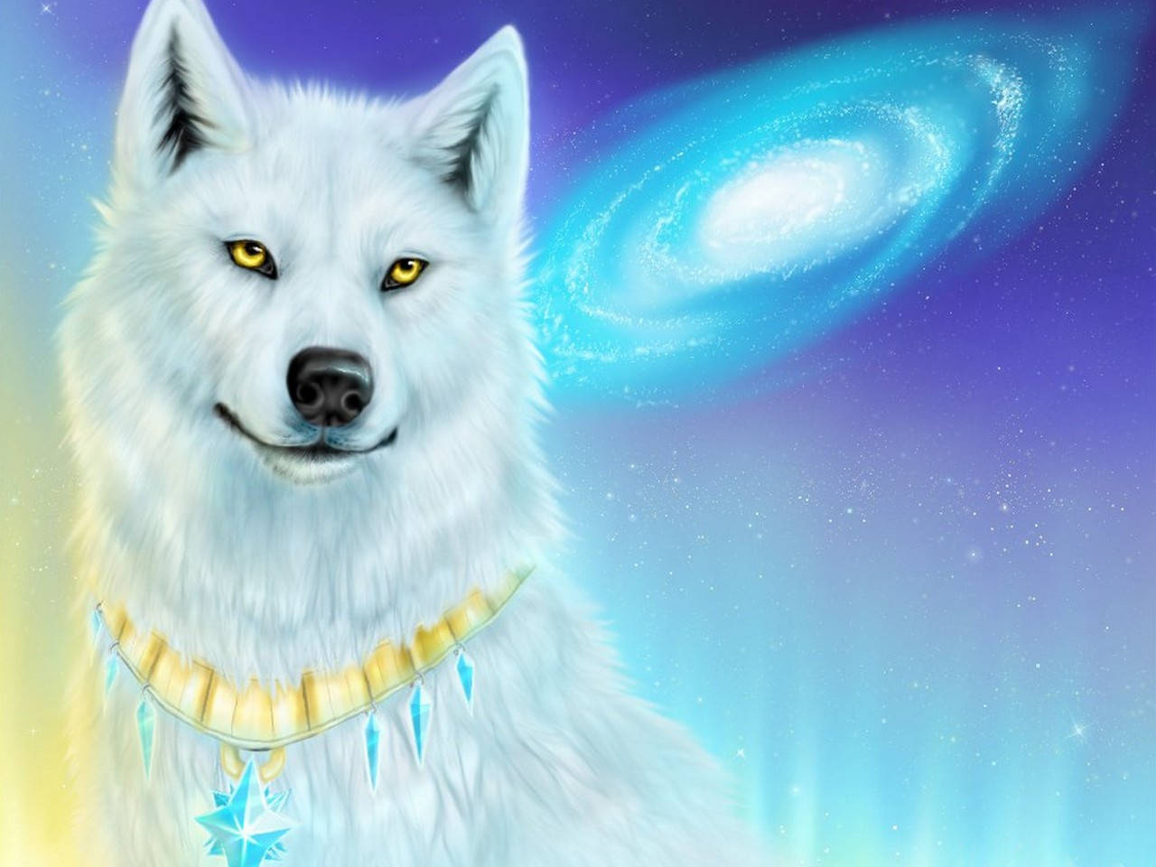 Genialfondo De Pantalla De Galaxia Pastel Con Un Lobo Blanco. Fondo de pantalla