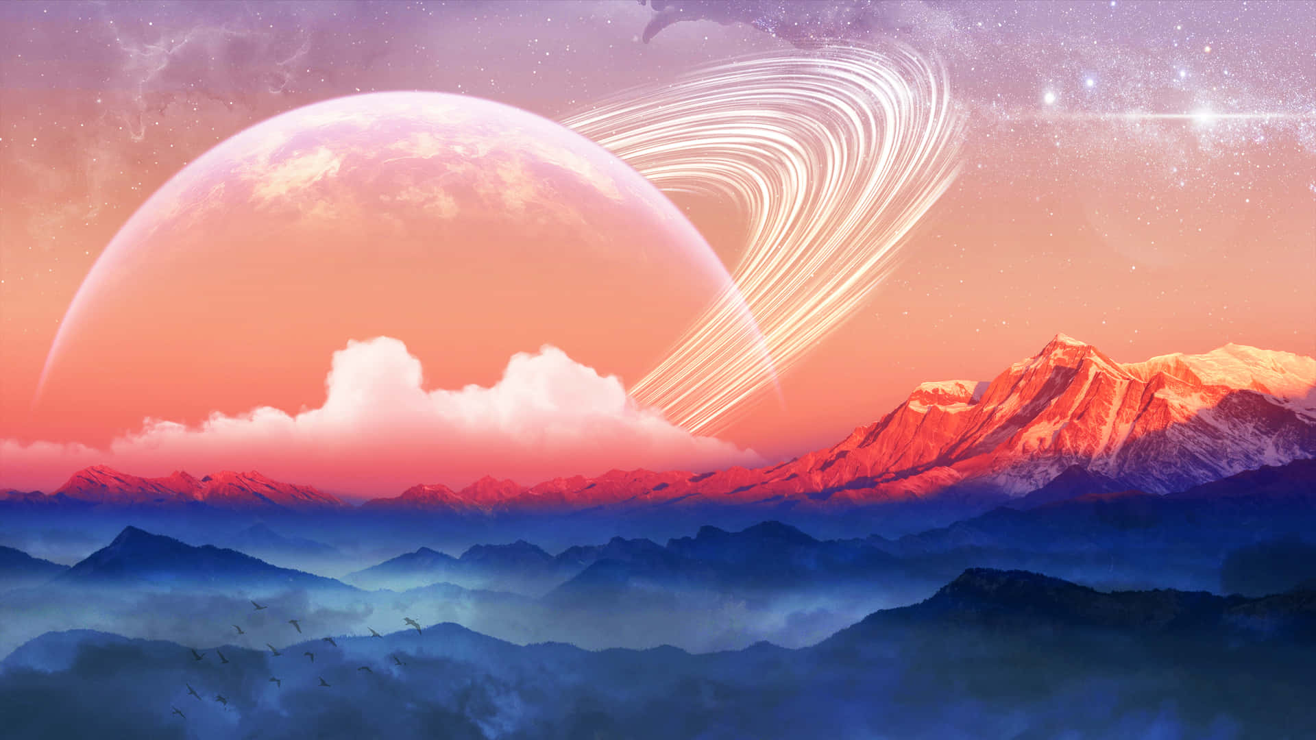 Cool Digital Art Of Saturn And Mountains Picture