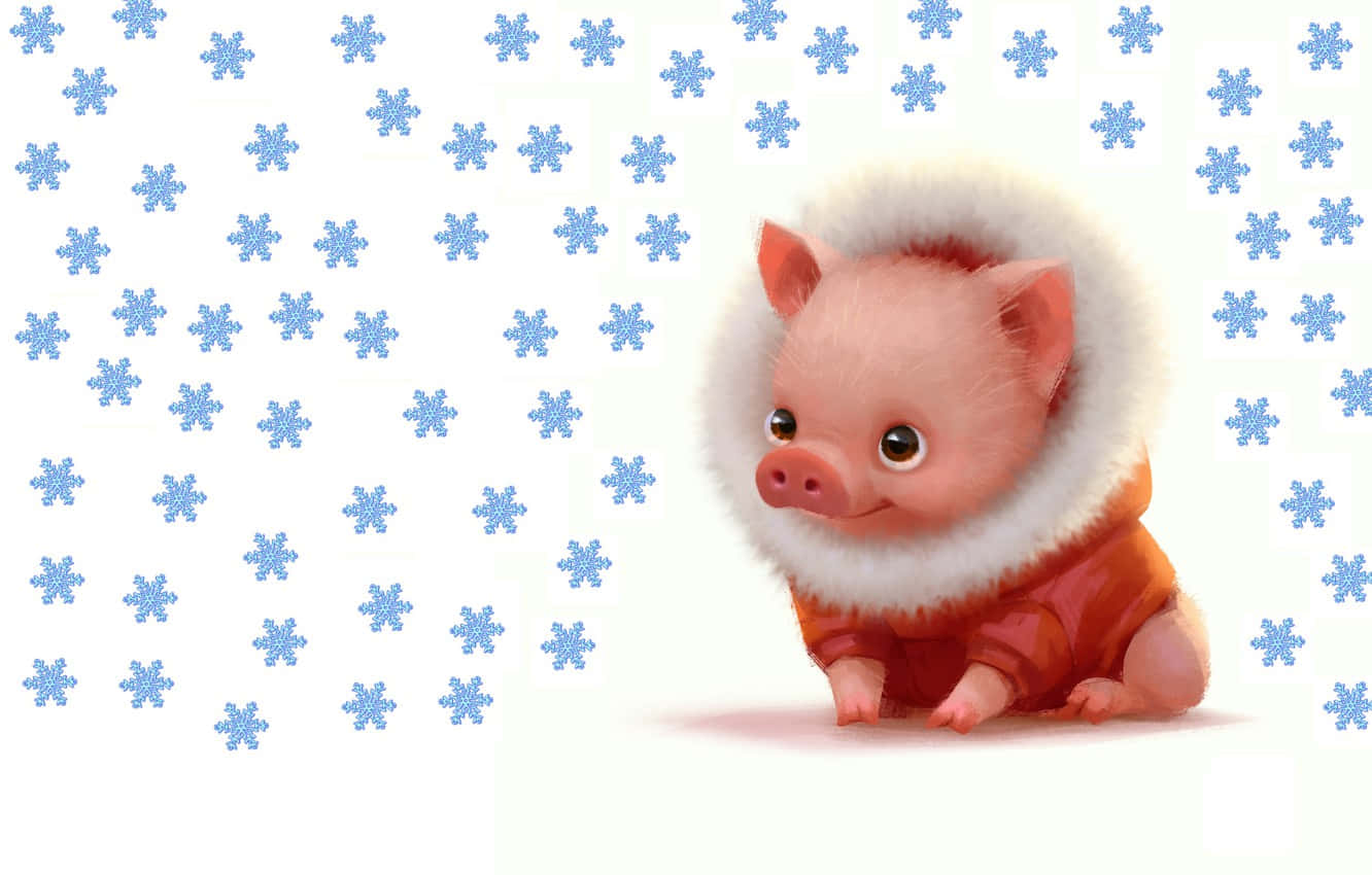 Einschwein In Einem Schneeanzug Mit Schneeflocken Darauf. Wallpaper