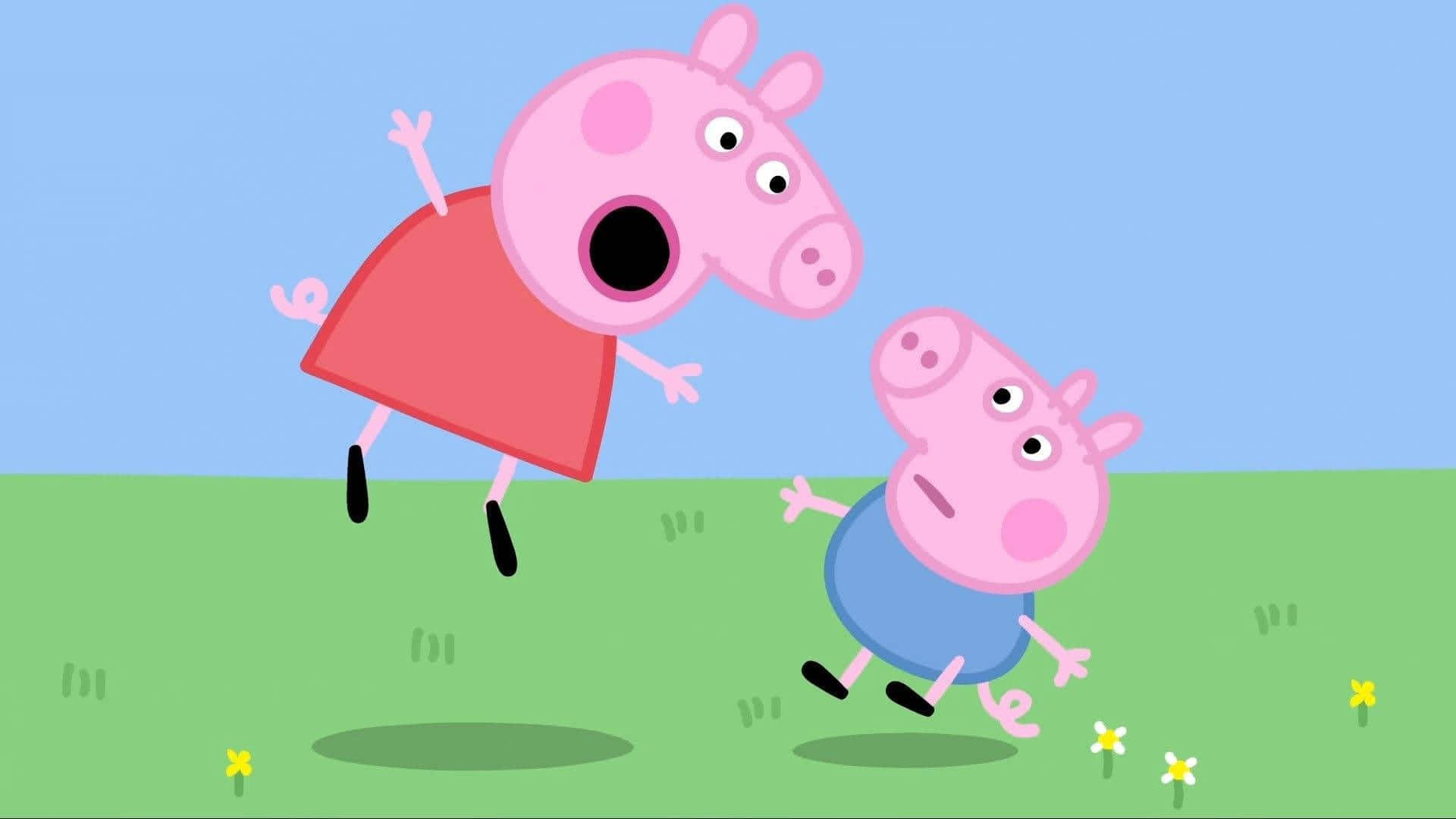 Peppa svin og hendes lille søster lege i græsset. Wallpaper