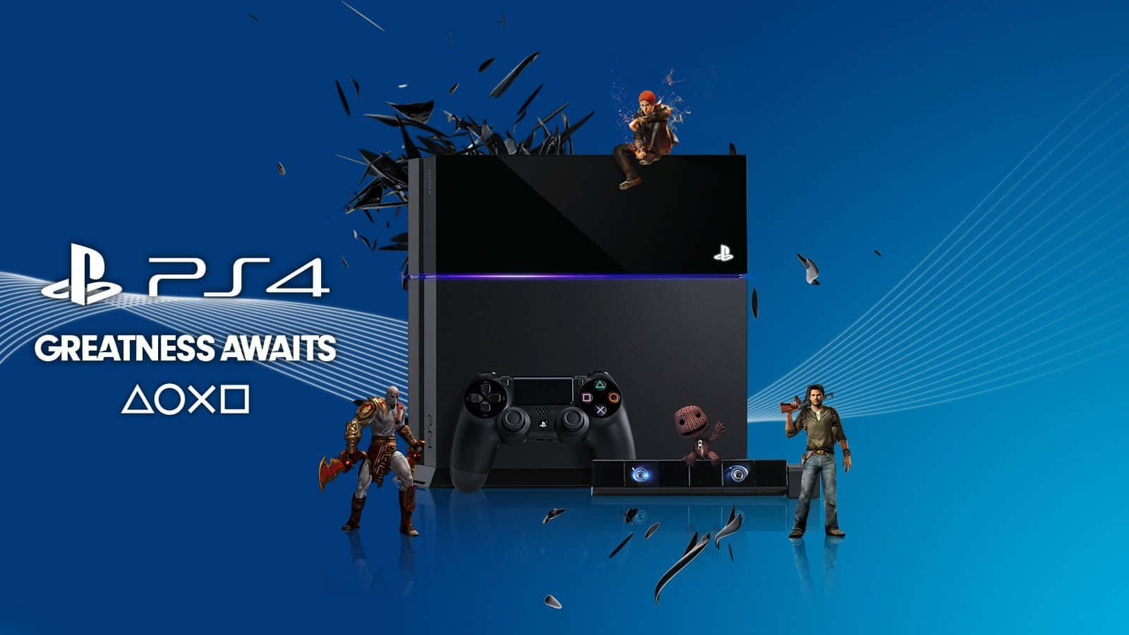 Cool Ps4 Game Characters Surrounding Console With Quotes Wallpaper