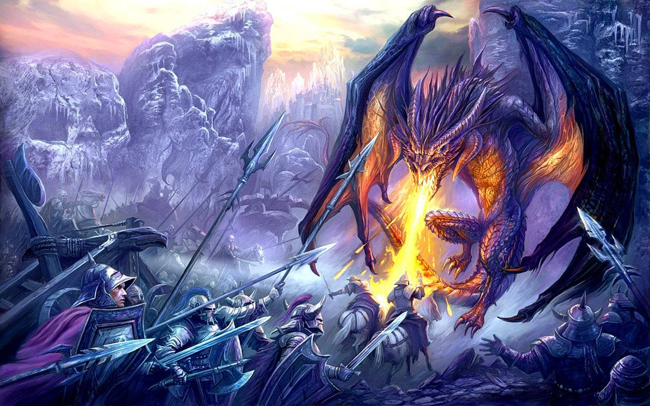 Cool Purple Dragon And Knights Wallpaper