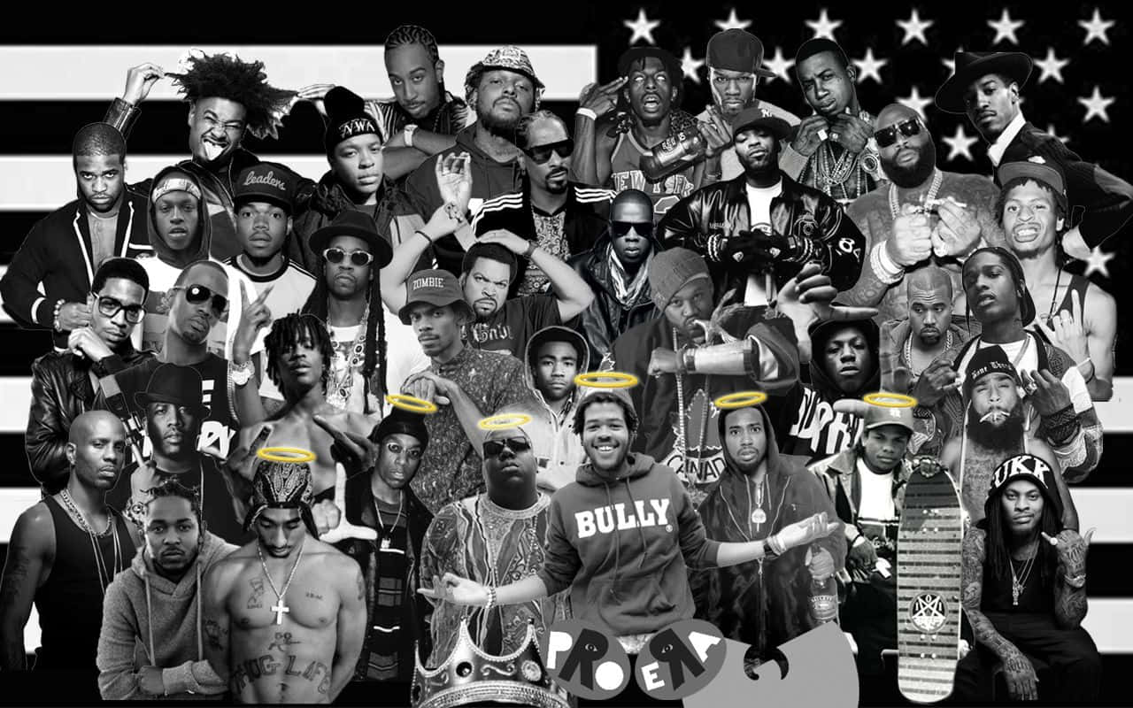 En collage af rappere og skatere med en amerikansk flag baggrund Wallpaper