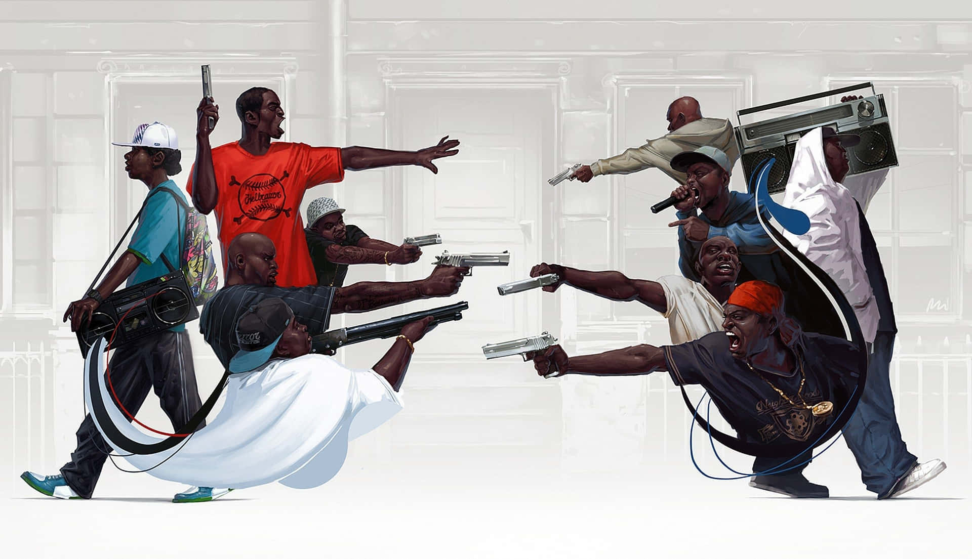 En gruppe mænd med pistoler i deres hænder kiggede ud til venstre. Wallpaper