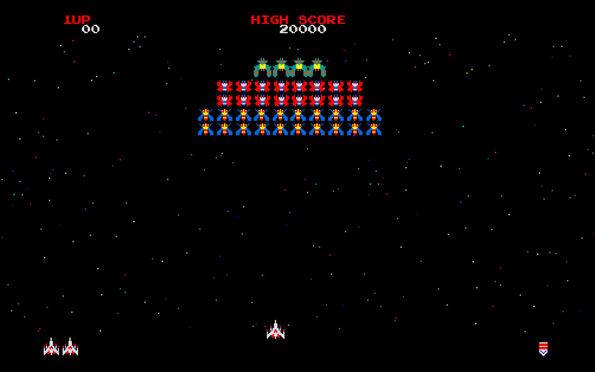 Et spil skærmbillede der viser et rumskib og et logo for et rumskib. Wallpaper