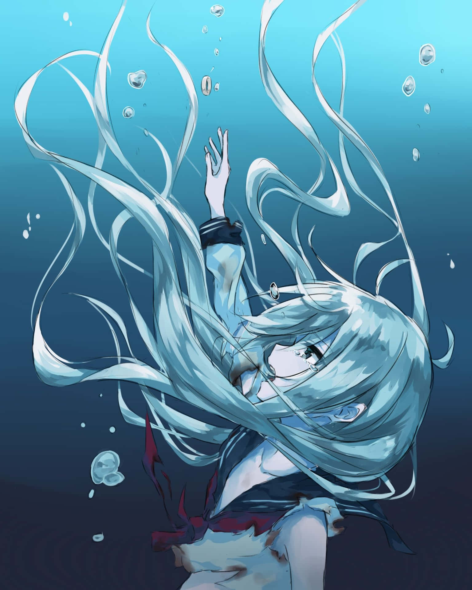 Chicade Anime Triste Y Genial Cayendo En El Agua. Fondo de pantalla