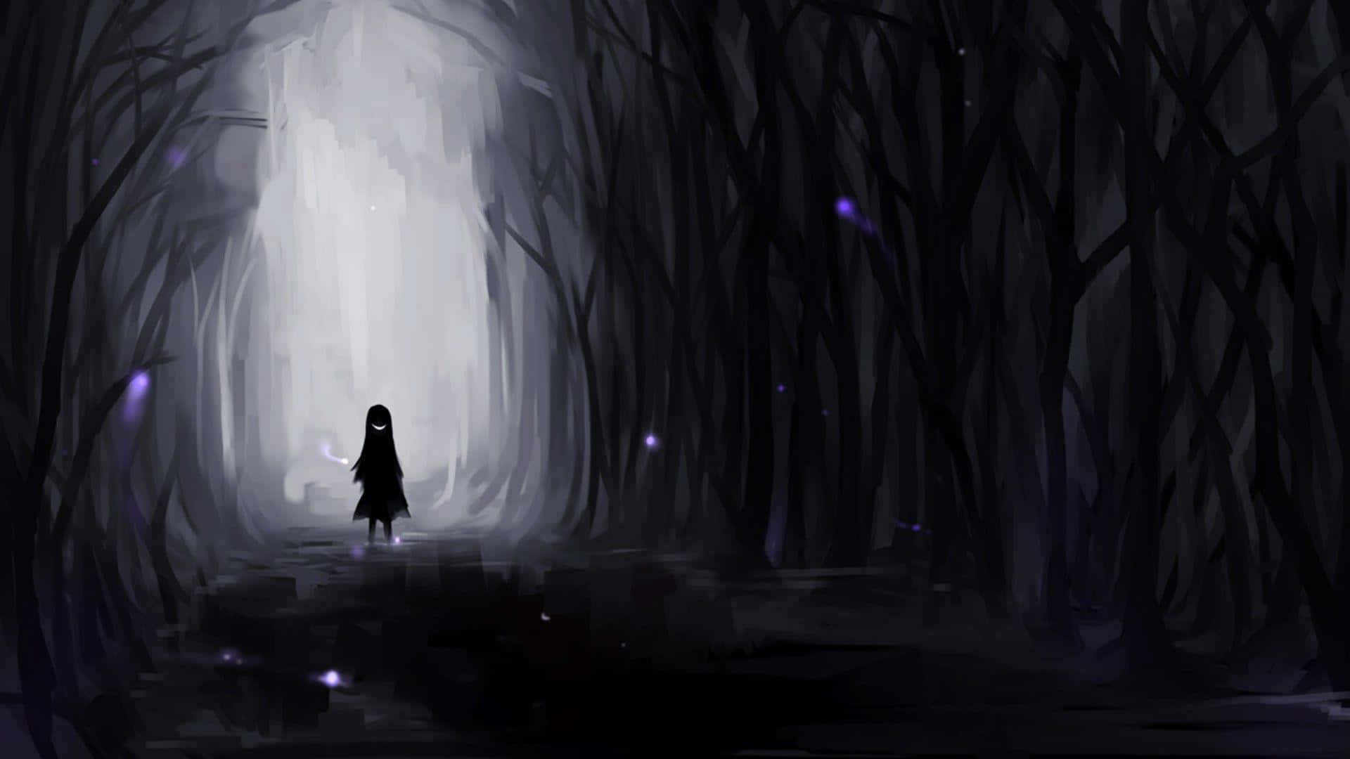 Chicaanime Triste Y Genial En Silueta Dentro De Un Oscuro Bosque. Fondo de pantalla