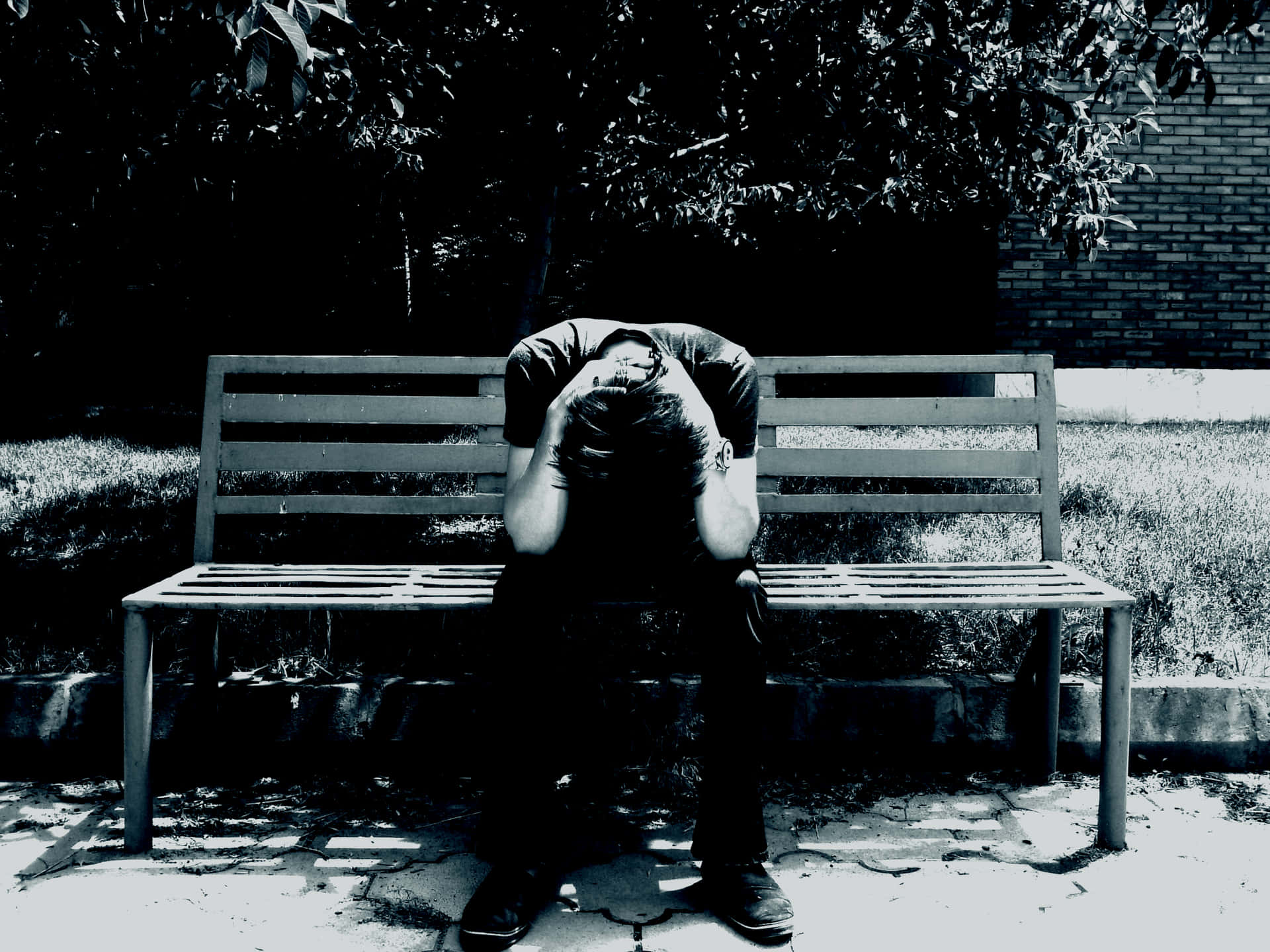 Download Cool Sad Boy Crying On Bench Wallpaper 