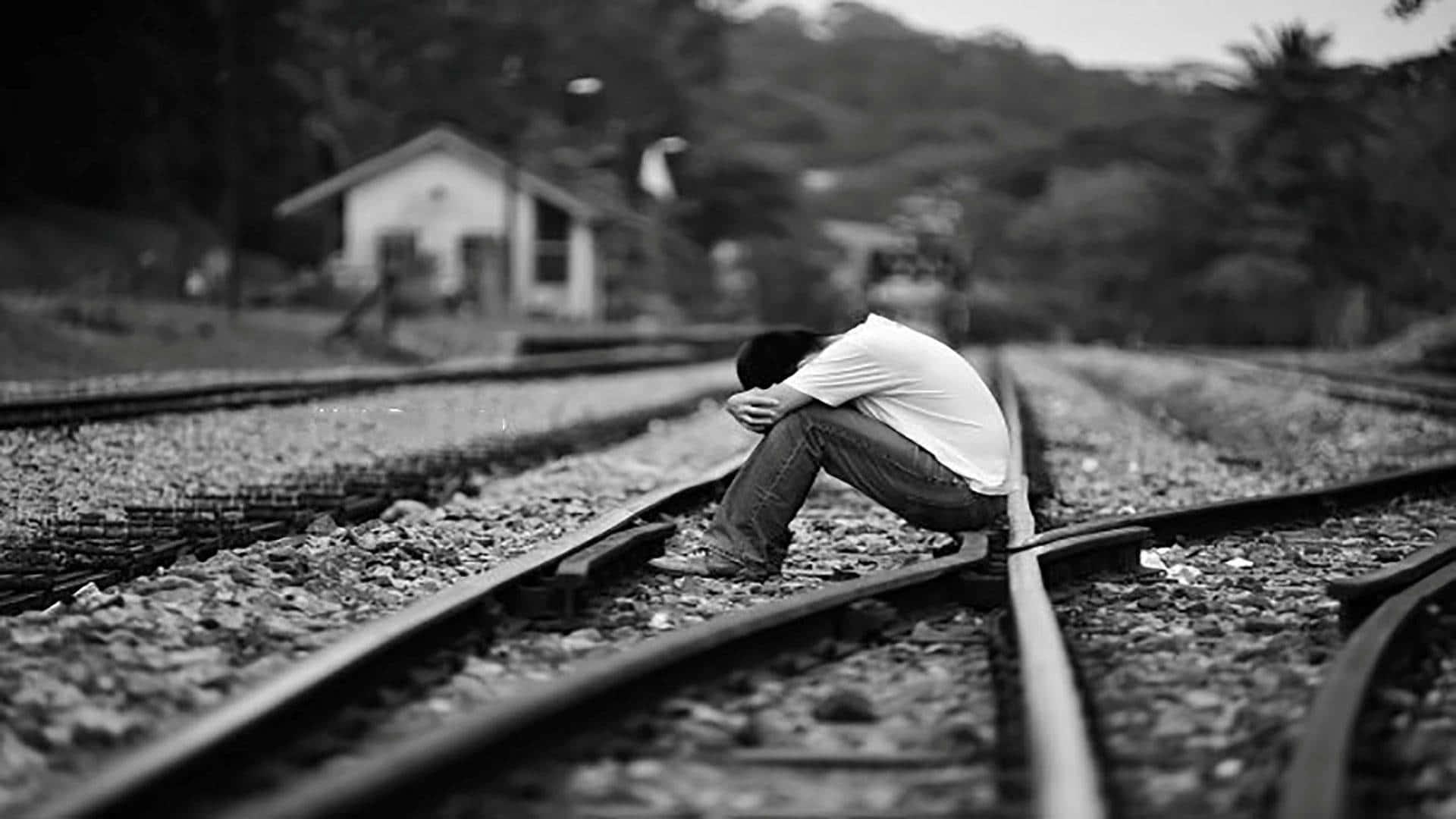 Sød trist dreng på togskinner Wallpaper