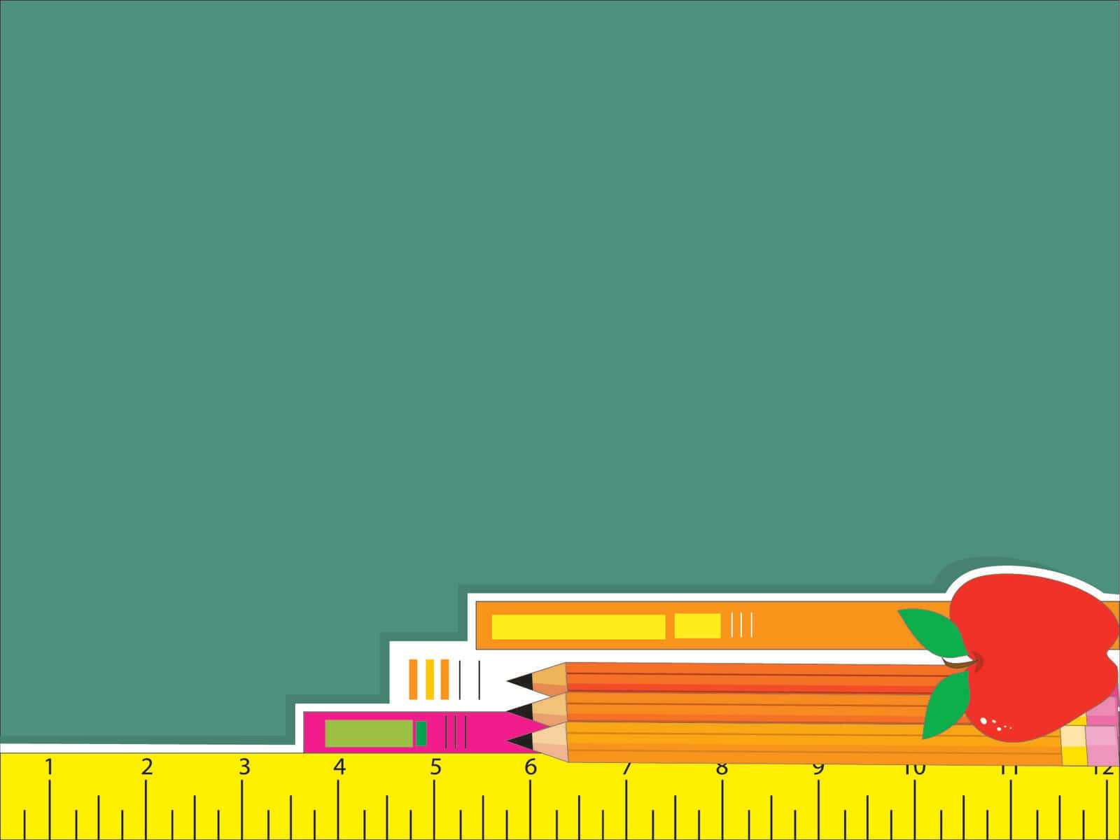 A Ruler, Pencils, And An Apple On A Green Background Wallpaper