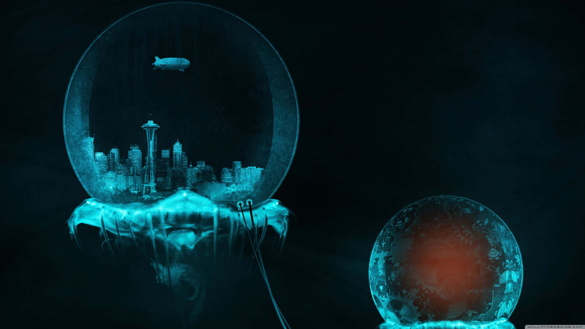 A Jellyfish In A Blue Glass With A City In The Background Wallpaper