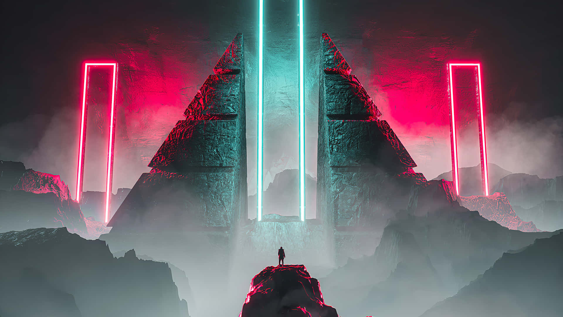 A Man Standing On Top Of A Mountain With Neon Lights Wallpaper