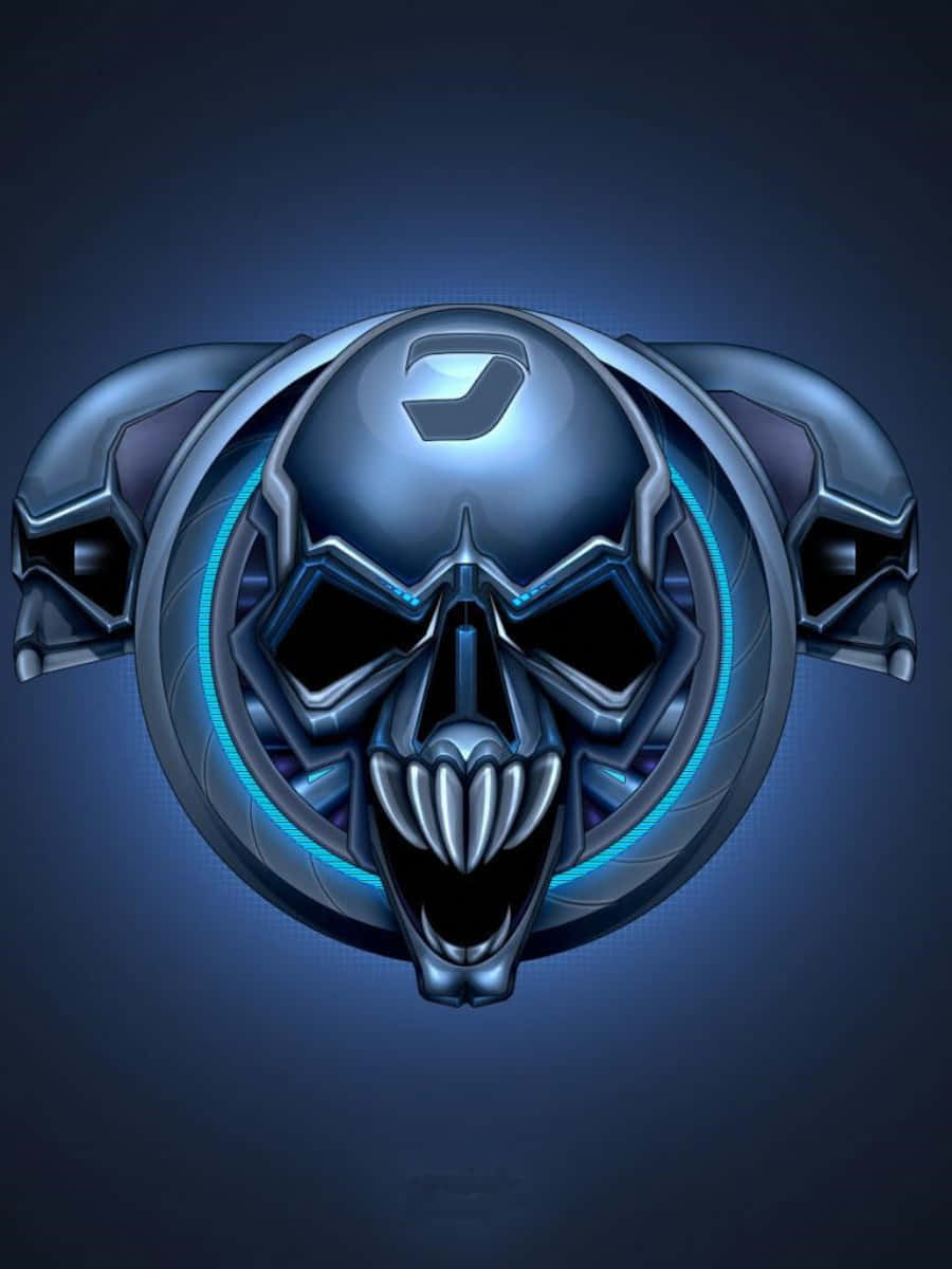 A Skull Logo With Blue Lights On It