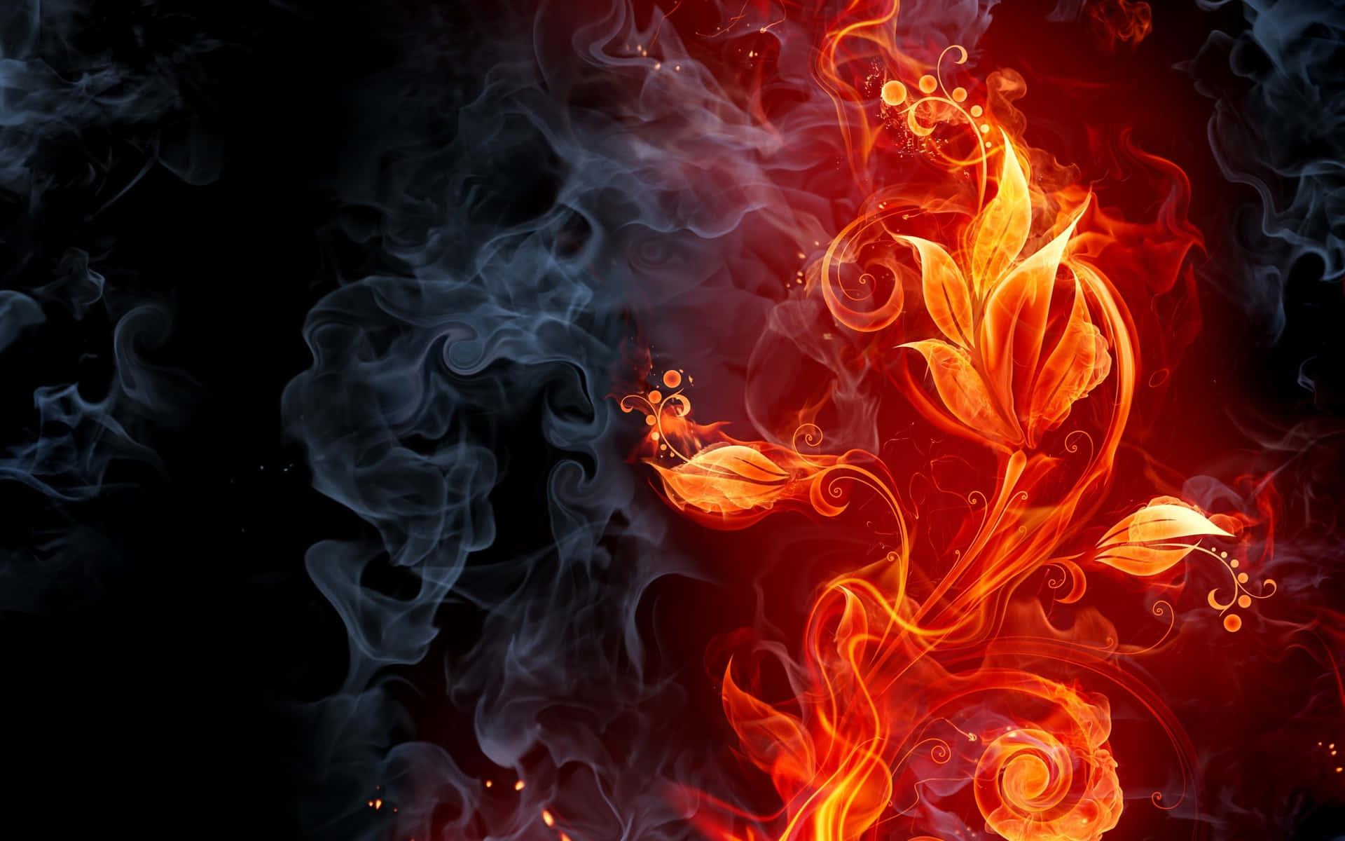 A Fire Background With Red And Blue Flowers Wallpaper