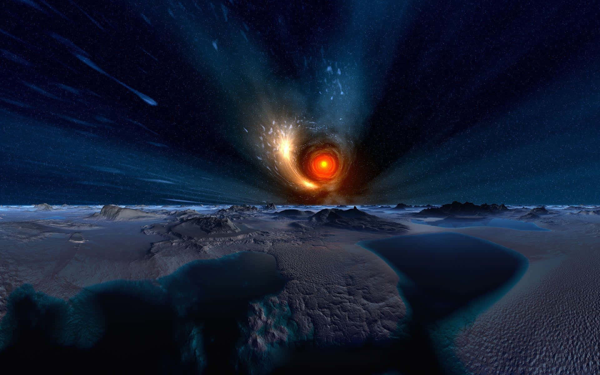 A Black Hole In Space With A Red Star In The Background