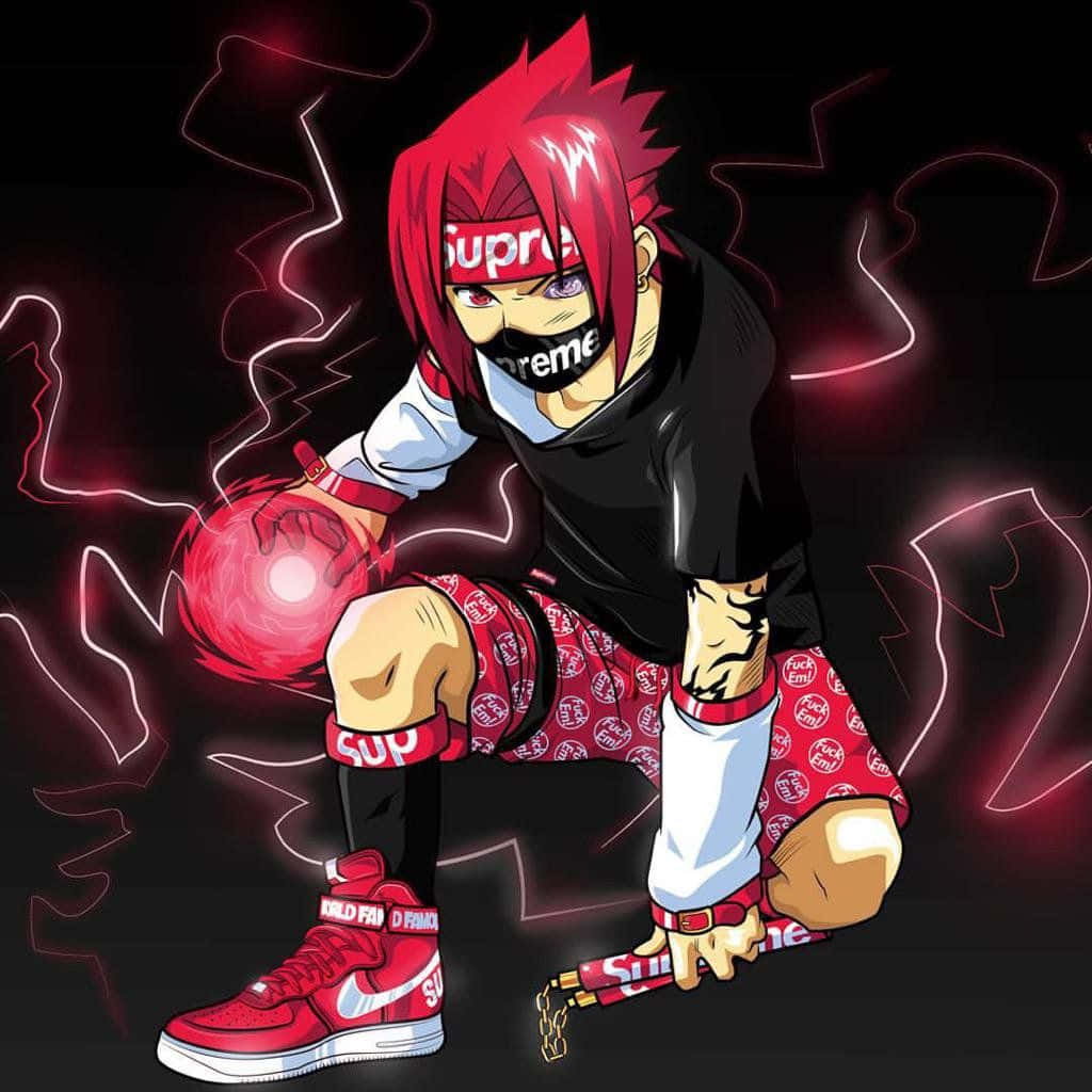 Genialfondo De Pantalla De Supreme Anime Naruto Sasuke En Negro Y Rojo. Fondo de pantalla