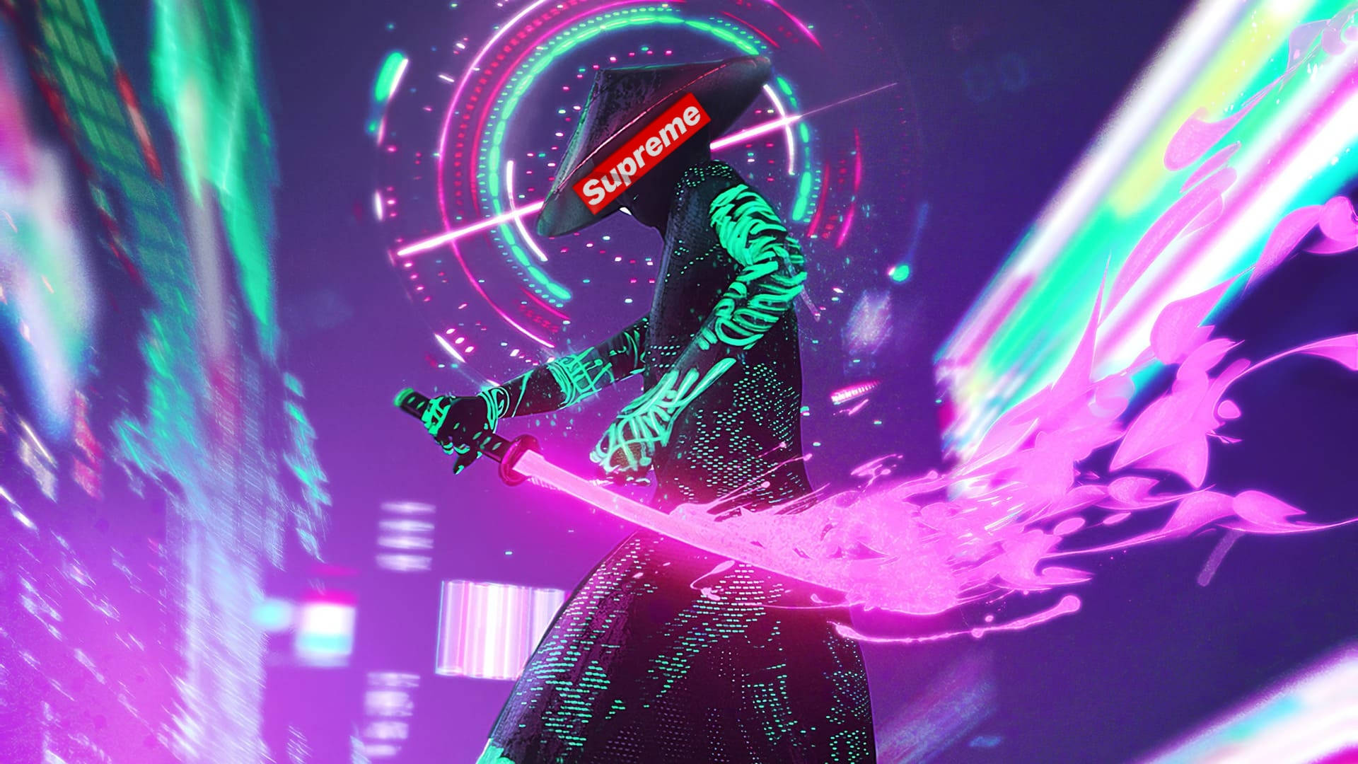 Cool Supreme Neon Samurai Wallpaper
