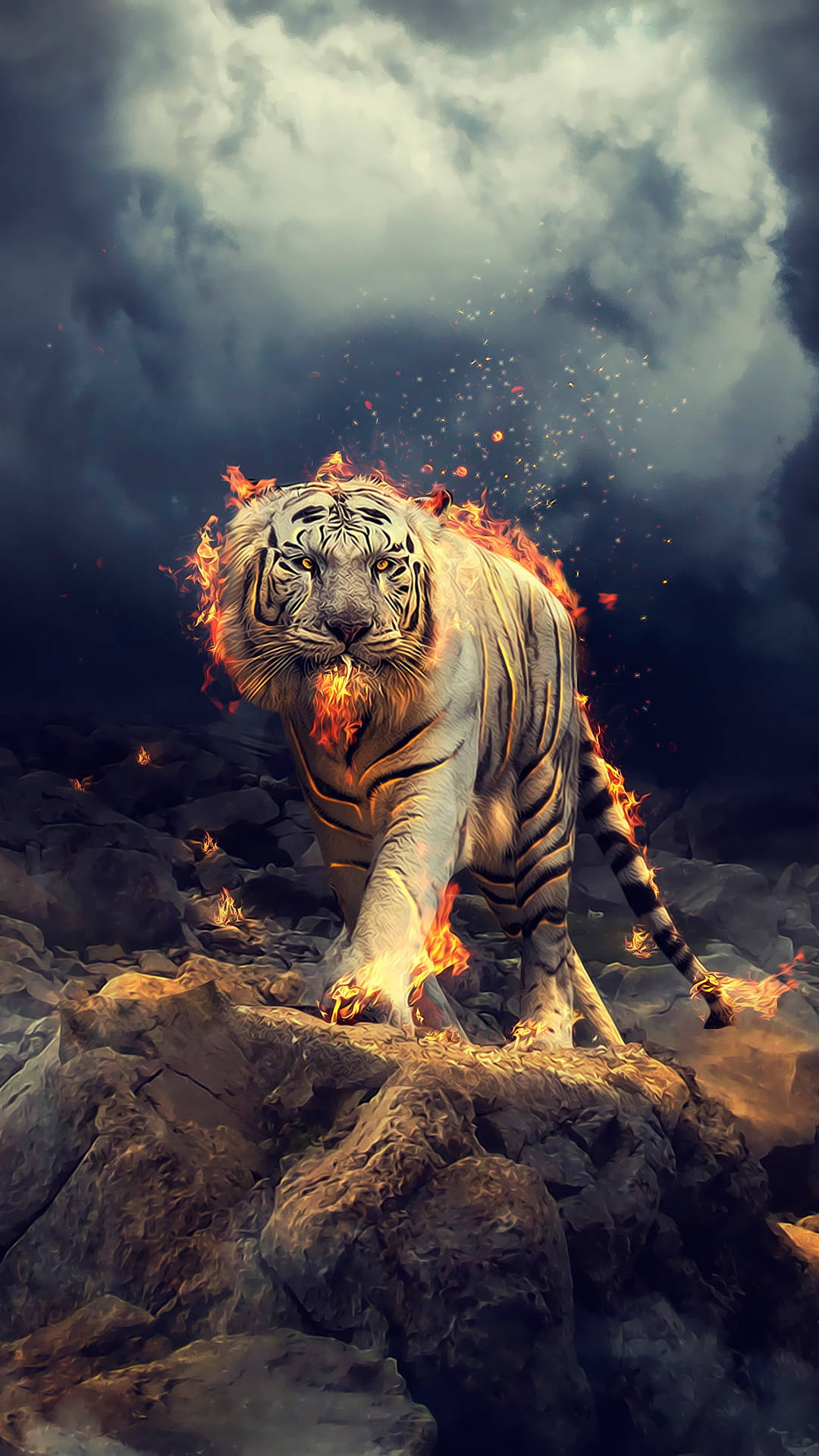 Cool Tiger Art With Fiery Embers Background
