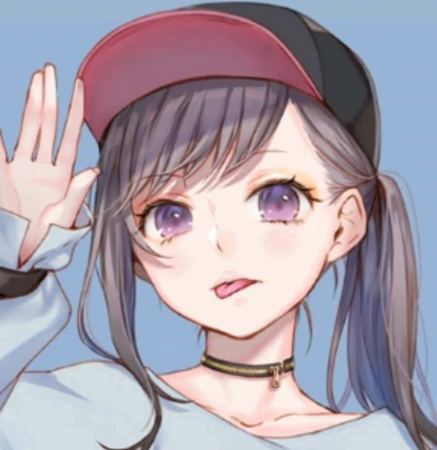 a girl with purple hair and a cap is waving