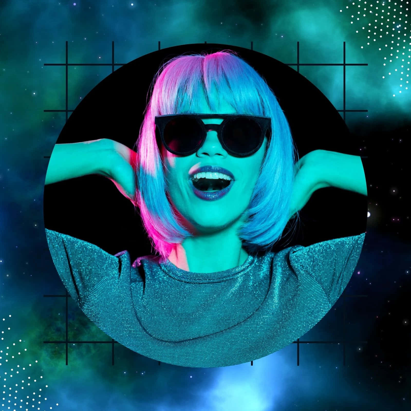 A Woman With Pink Hair And Sunglasses Is Smiling In Front Of A Space Background