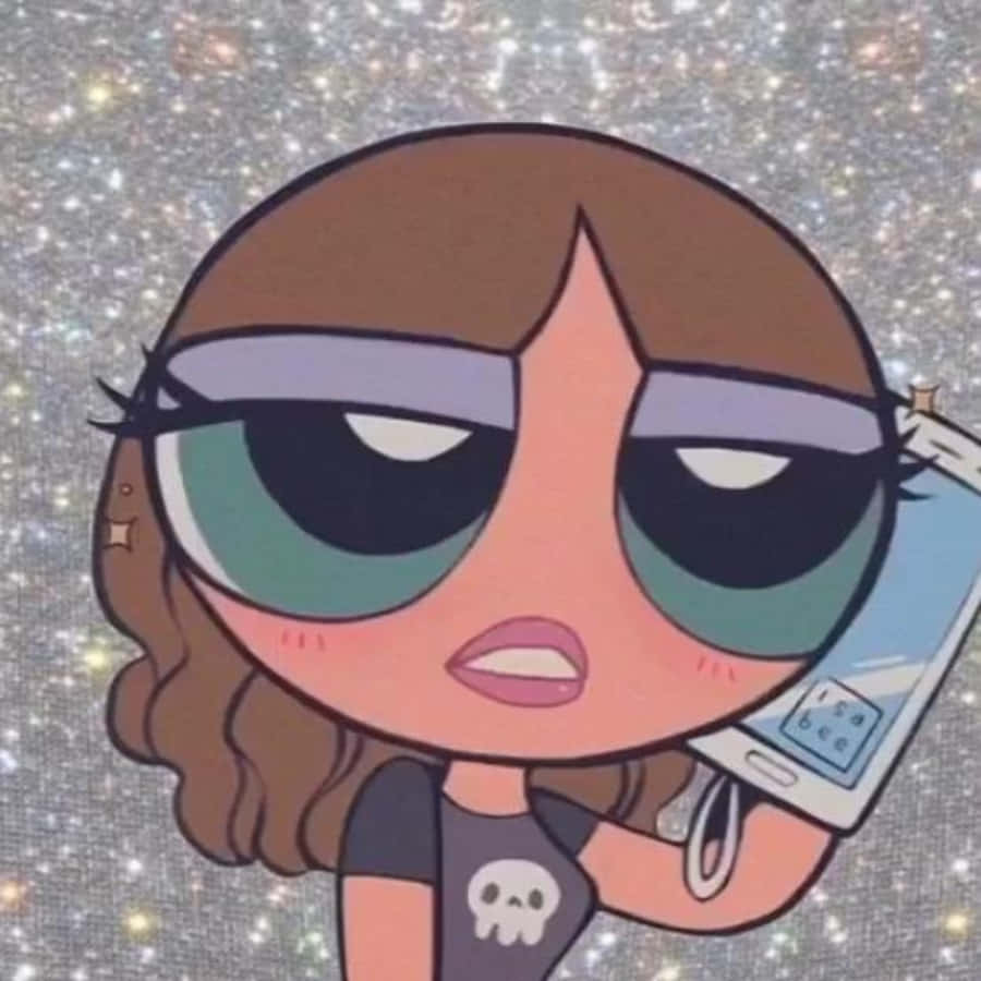 a cartoon girl holding a cell phone with a star background