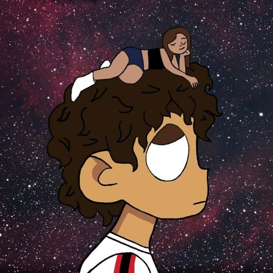 Et tegnefilm billede af en pige og en dreng i rummet med stjerner
