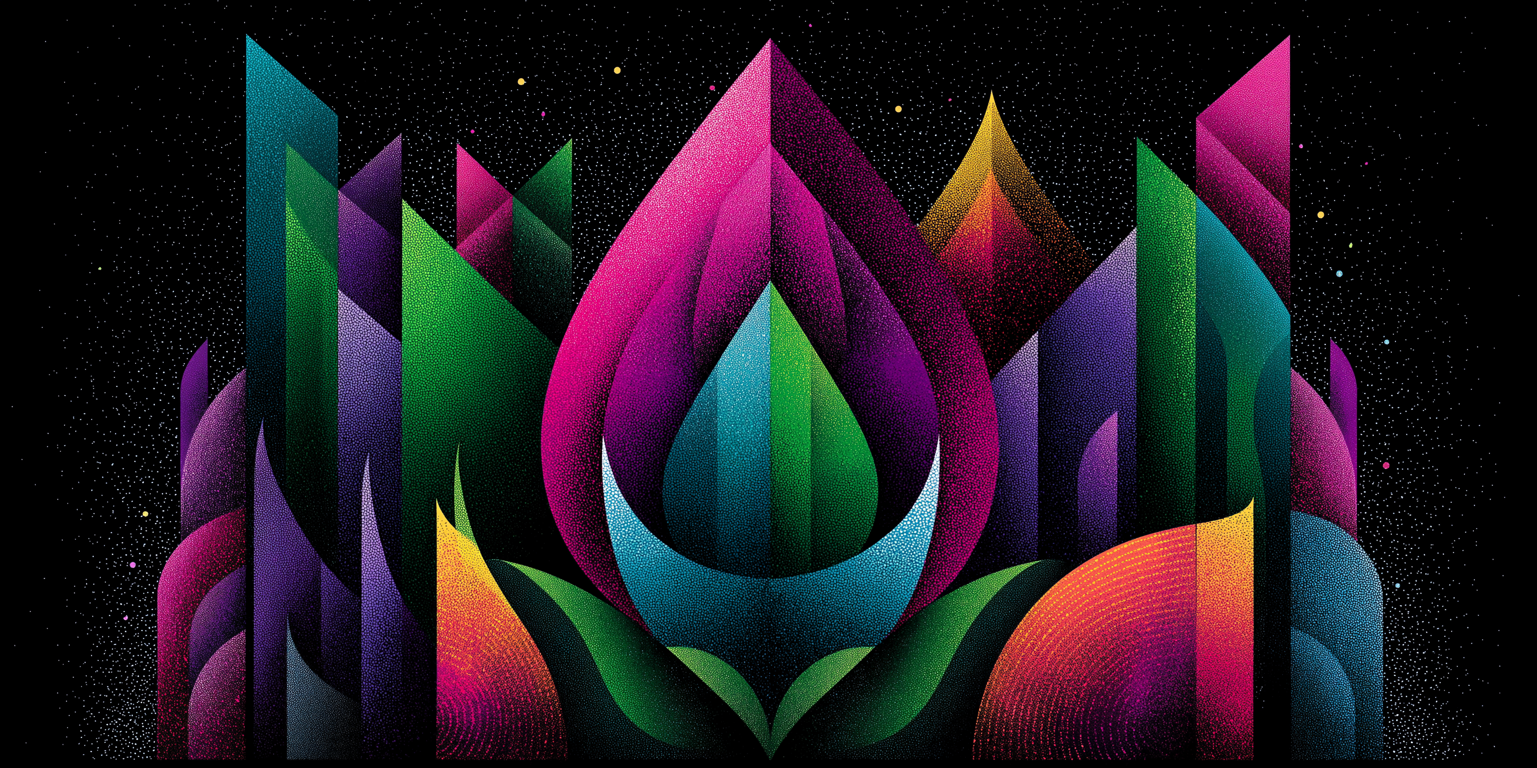 Cool Toned Petal Flow PNG — Vibrant geometric lotus blooms in neon hues against a starry cosmic backdrop with radiant gradients.