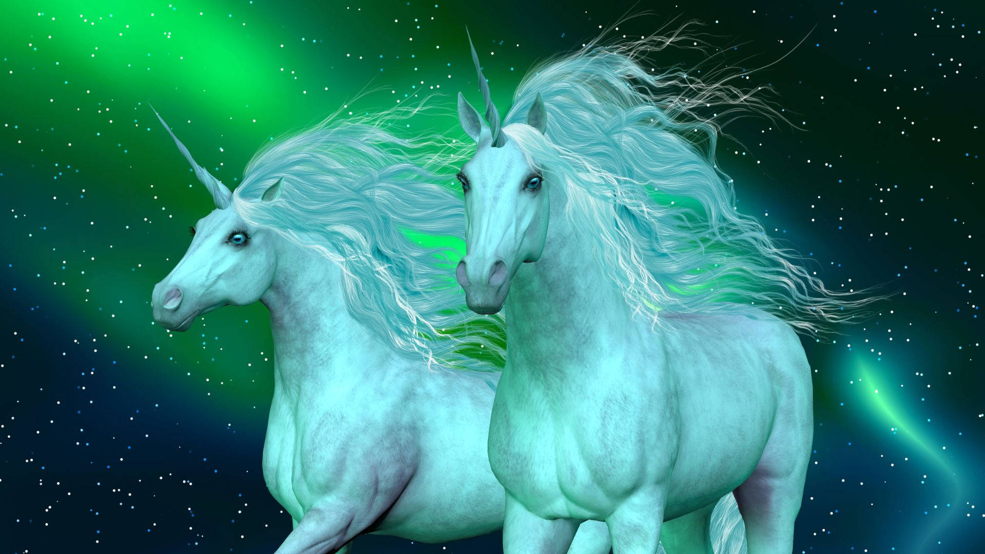Two White Unicorns Standing In Front Of A Green Aurora Wallpaper