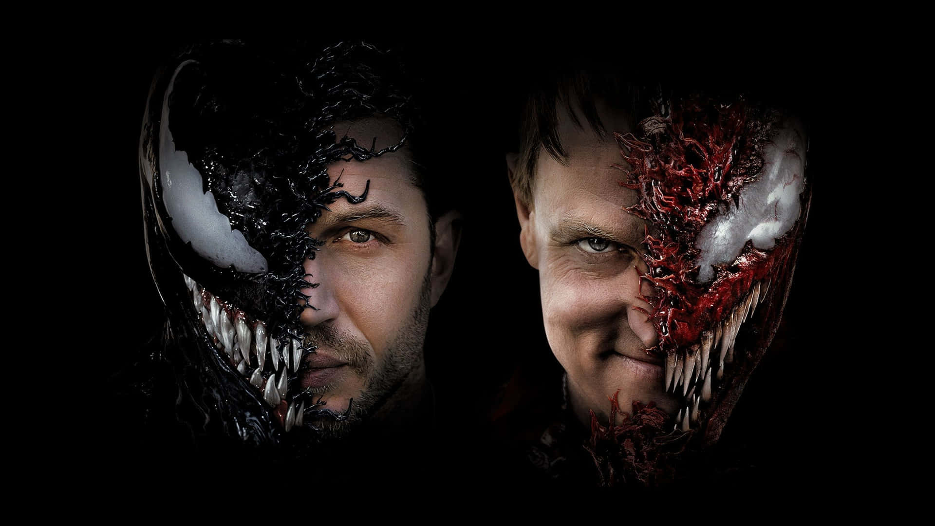 Cool Venom Vs Carnage Face In Black Background Wallpaper