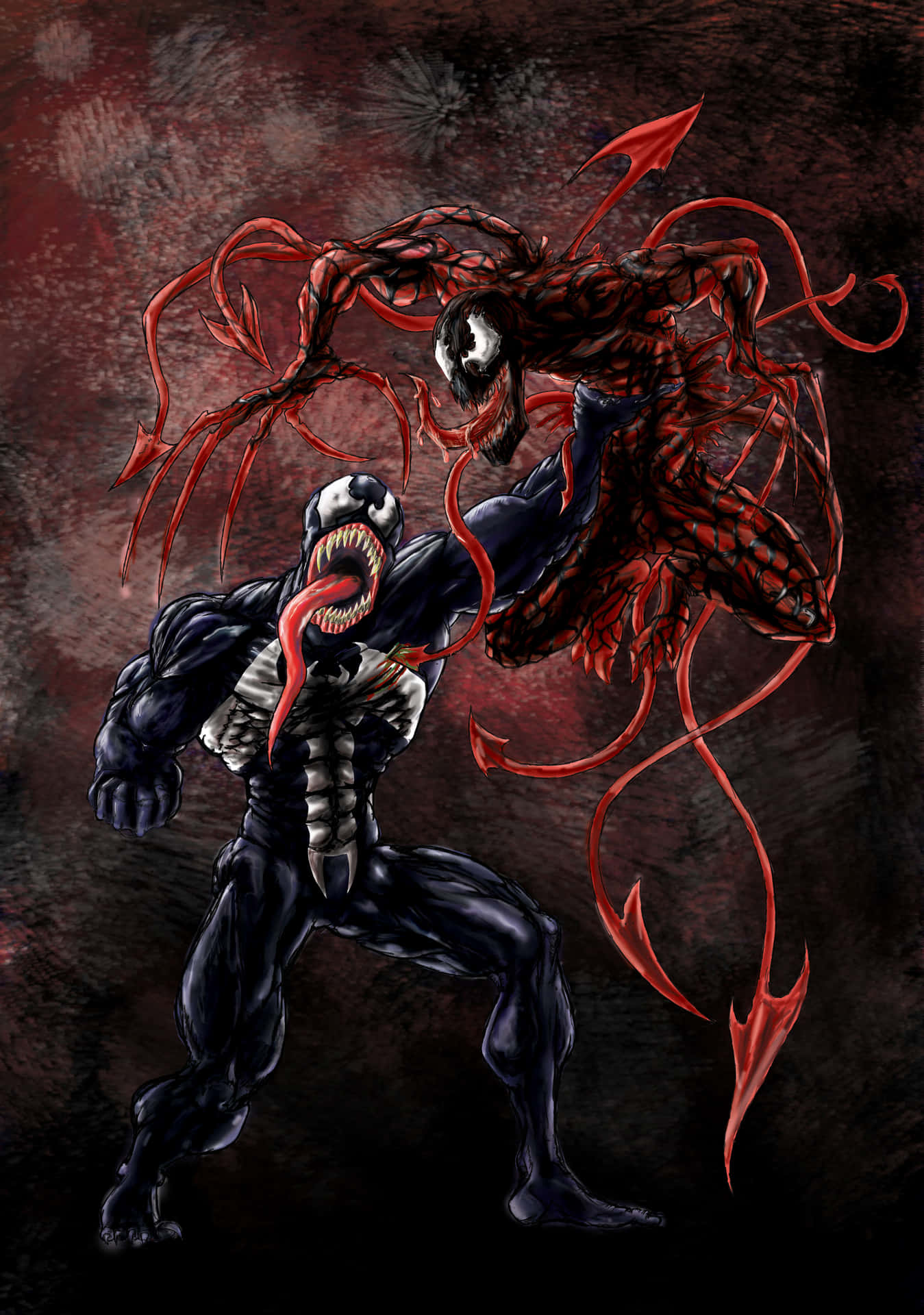 Cool Red And Black Venom Vs Carnage Fighting Wallpaper