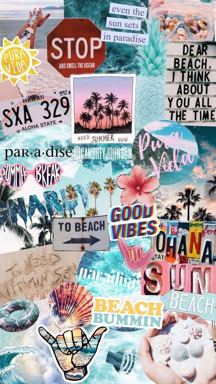 A Collage Of Stickers With Beach Themed Stickers Wallpaper