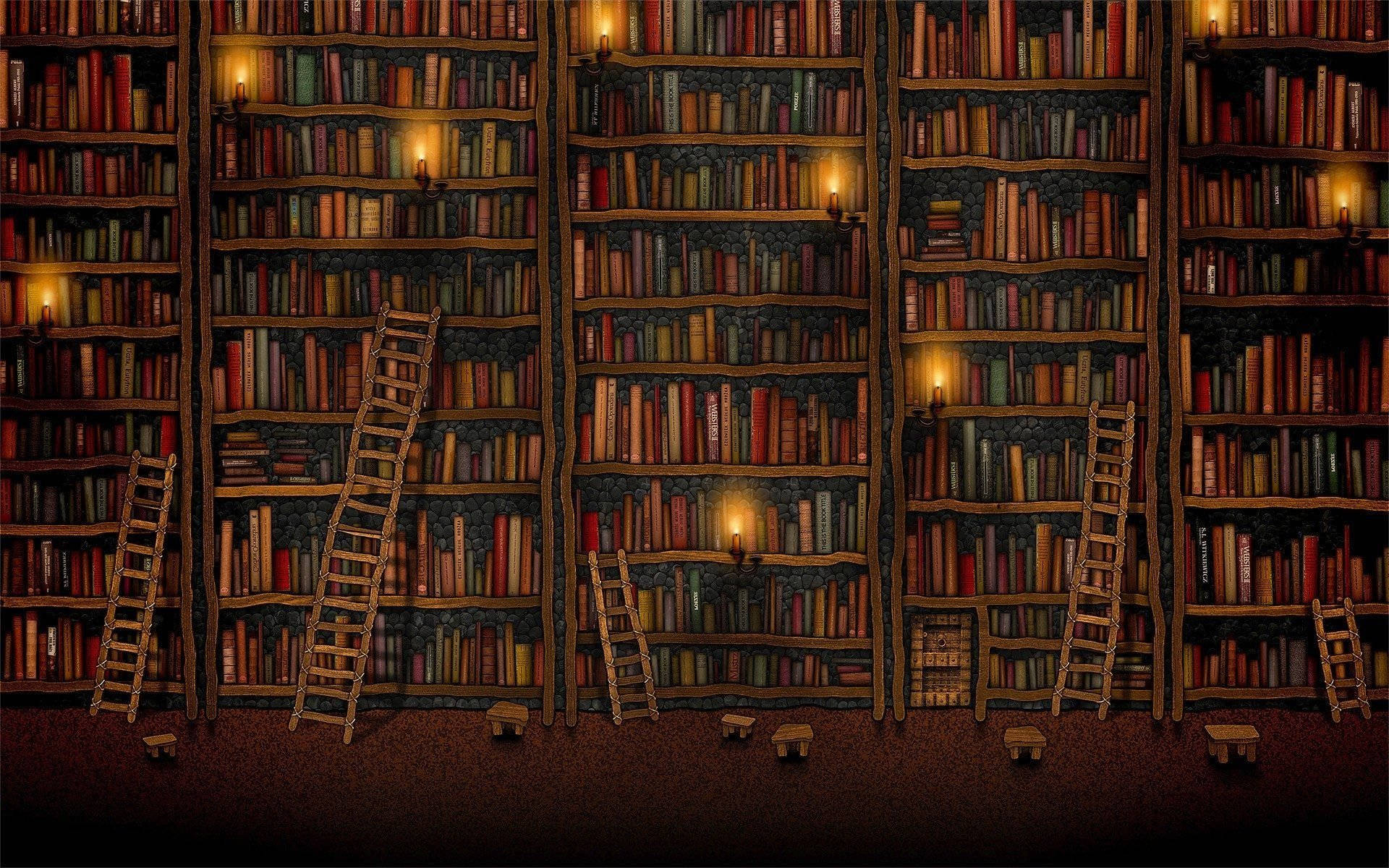 Cool Vintage Library With Lamp And Ladders Wallpaper